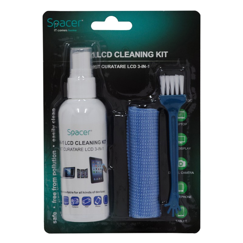 KIT curatare LCD 3-in-1 Spacer, solutie curatare 100ml, pensula, servetel microfibre, 45507055 