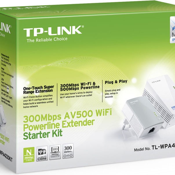 KIT ADAPTOR POWERLINE TP-LINK tehnologie AV,  AV600, pana la 300Mbps, 2 porturi 10/100Mbps, wireless 300Mbps, compus din TL-WPA4220 & TL-PA4010 