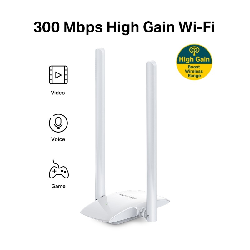 ADAPTOR RETEA MERCUSYS , extern wireless 2.4 GHz, USB 2.0, port, 300 Mbps, antena externa x 2, 