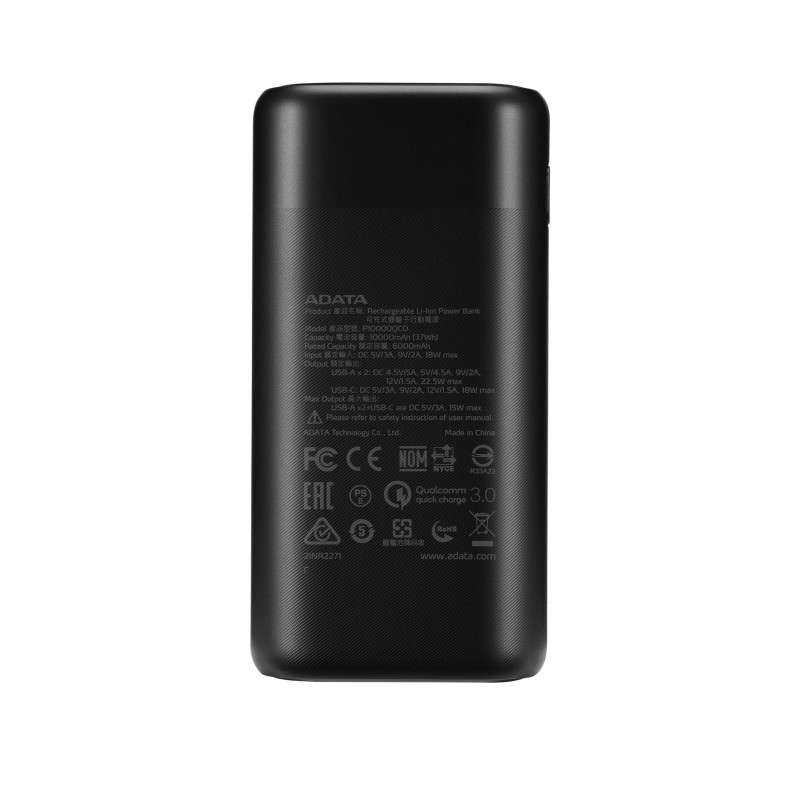 POWER BANK ADATA 10000mAh, Quick Charge 3.0 + PD 22.5W, 2 x USB & 1 x USB-C,digital display pt. status baterie,P10000QCD 10.000 mAh, total 3A,black, 