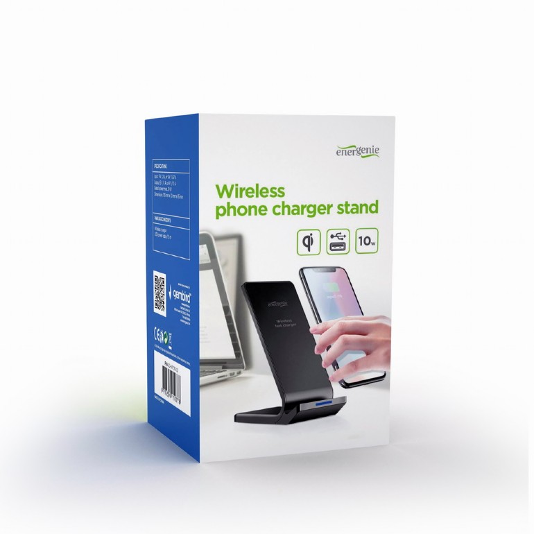 ALIMENTATOR wireless GEMBIRD, compatibil cu tel. certificate Qi, 10W, intrare 5V/2A sau 9V/1.67A, iesire 5V/1A sau 9V/1.1A, de tip stand, negru, 