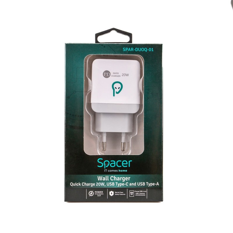 ALIMENTATOR retea SPACER Quick Charge 20W, USB Type-C PD+ USB Quick Charge, 