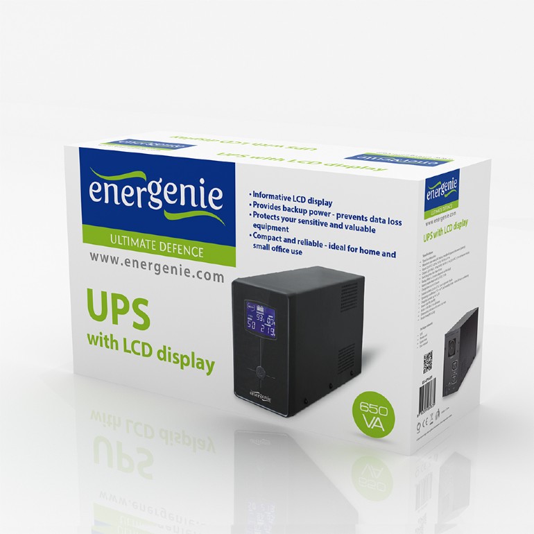 UPS GEMBIRD Line Int. cu sin. simulata, fara management, Tower, LCD,  650VA/390W, AVR, 1x Schuko + 2x IEC, baterie 1x 12V/7Ah, incarcare pana la 12h, 