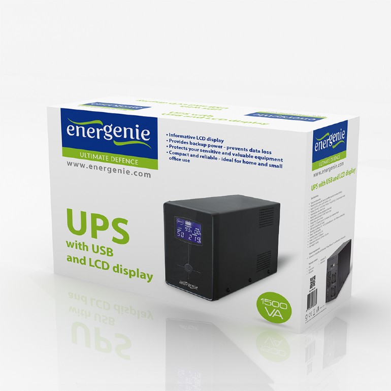 UPS GEMBIRD Line Int. cu sin. simulata, cu management, Tower, LCD, 1500VA/900W, AVR, 2x Schuko + 3x IEC, baterie 2x 12V/8Ah, incarcare pana la 12h, USB, 2x RJ11, 