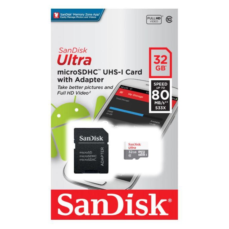 CARD MicroSD SANDISK, 32 GB, microSDHC, clasa 10, standard UHS-I U1, 