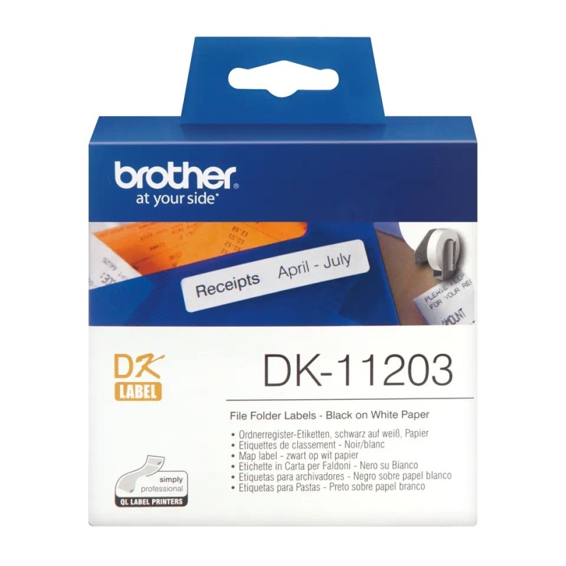 Etichete de hartie Original Brother Black on White, DK11203, pentru P-TOUCH QL-1100|QL-800|QL-810|QL-1050|QL-1060|QL-500|QL-560|QL-570|QL-580|QL-650|QL-700, 17x87mm, 300buc, incl.TV 0 RON, 