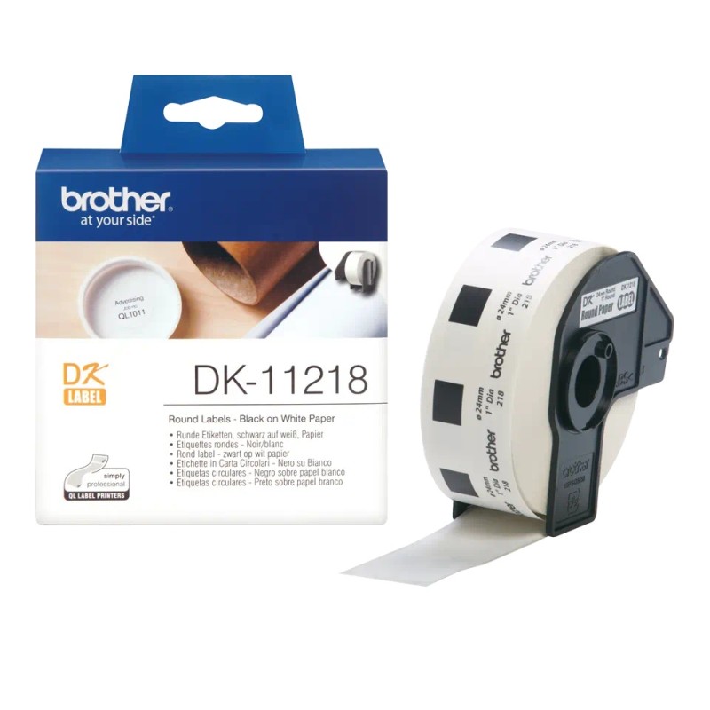Etichete de hartie Original Brother Black on White, DK11218, pentru P-TOUCH QL-1100|QL-800|QL-810|QL-1050|QL-1060|QL-500|QL-560|QL-570|QL-580|QL-650|QL-700,  Rotunde 24mm, 1000buc, incl.TV 0 RON, 