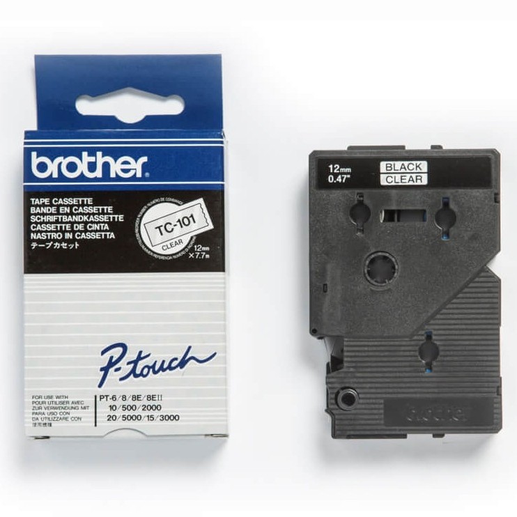 Banda laminata Original Brother Black on Clear, TC101, pentru E105|E110|H100|H101|H105|H110|H111|P300|128|200|1000|1010|1090|1100|1120|1130|1160|1170|1180|1190|1200|1230|1280|1290|6100|7100|ST1150, 12mm, incl.TV 0 RON, 