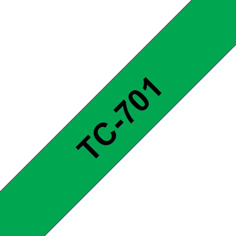 Banda laminata Original Brother Black on Green, TC701, pentru E105|E110|H100|H101|H105|H110|H111|P300|128|200|1000|1010|1090|1100|1120|1130|1160|1170|1180|1190|1200|1230|1280|1290|6100|7100|ST1150, 12mm, incl.TV 0 RON, 