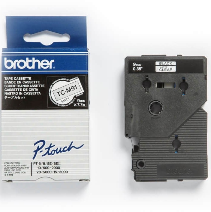 Banda laminata Original Brother Black on Clear, TCM91, pentru E105|E110|H100|H101|H105|H110|H111|P300|128|200|1000|1010|1090|1100|1120|1130|1160|1170|1180|1190|1200|1230|1280|1290|6100|7100|ST1150, 9mm, incl.TV 0 RON, 