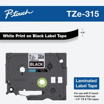 Banda laminata Original Brother White on Black, TZE315, pentru E105|E110|H100|H101|H105|H110|H111|P300|128|200|1000|1010|1090|1100|1120|1130|1160|1170|1180|1190|1200|1230|1280|1290|6100|7100|ST1150, 6mm, incl.TV 0 RON, 