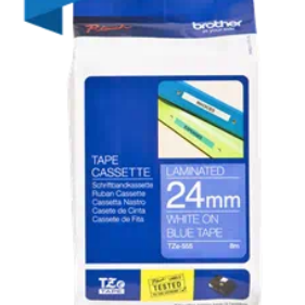 Banda laminata Original Brother White on Blue, TZE555, pentru D600|E500|E550|H500|P700|P710|P750|330|350|520|540|580|1400|1500|1600|1650|2200|2210|2300|2310|2400|2410|2430|2500|2600|2610|2700|2710|2730|2730|7500|7600, 24mm, incl.TV 0 RON, 