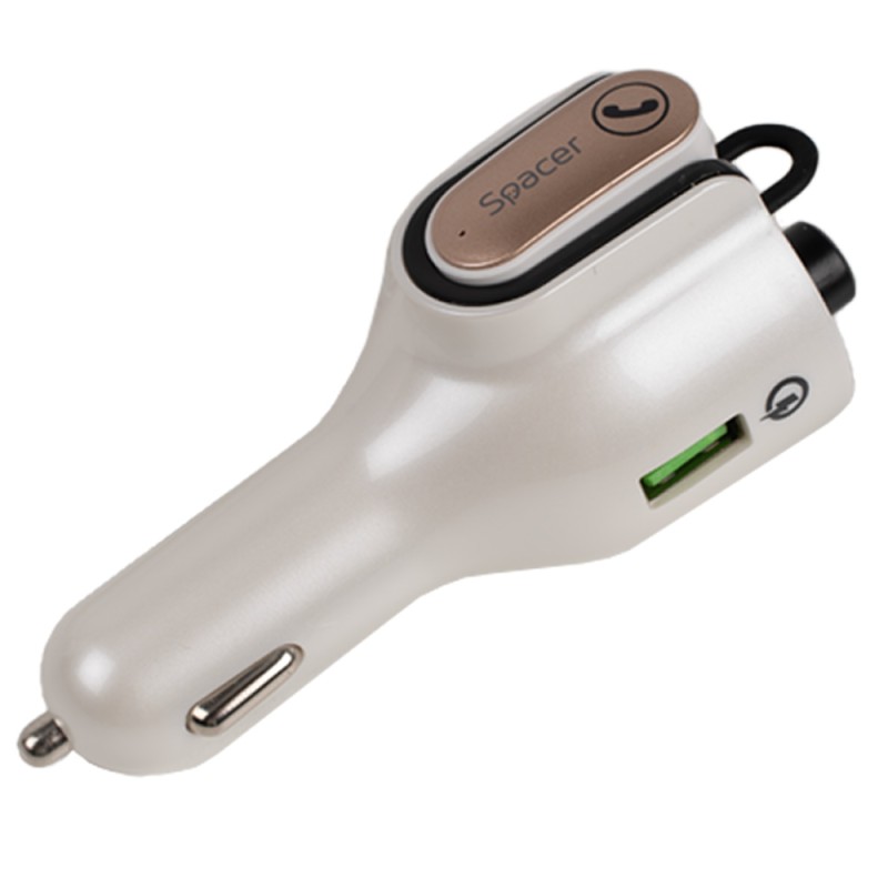 MODULATOR AUTO FM SPACER cu casca Bluetooth 5.0, 1xUSB QC3.0 + Type-C; 1xUSB max. 5V/3.1A, earphone 30mAh, 12V-24V, max. 10-15m, mic max. 0-2m, format MP3/WMA, 206 canale 87.5-108Mhz, USB disk, white, 
