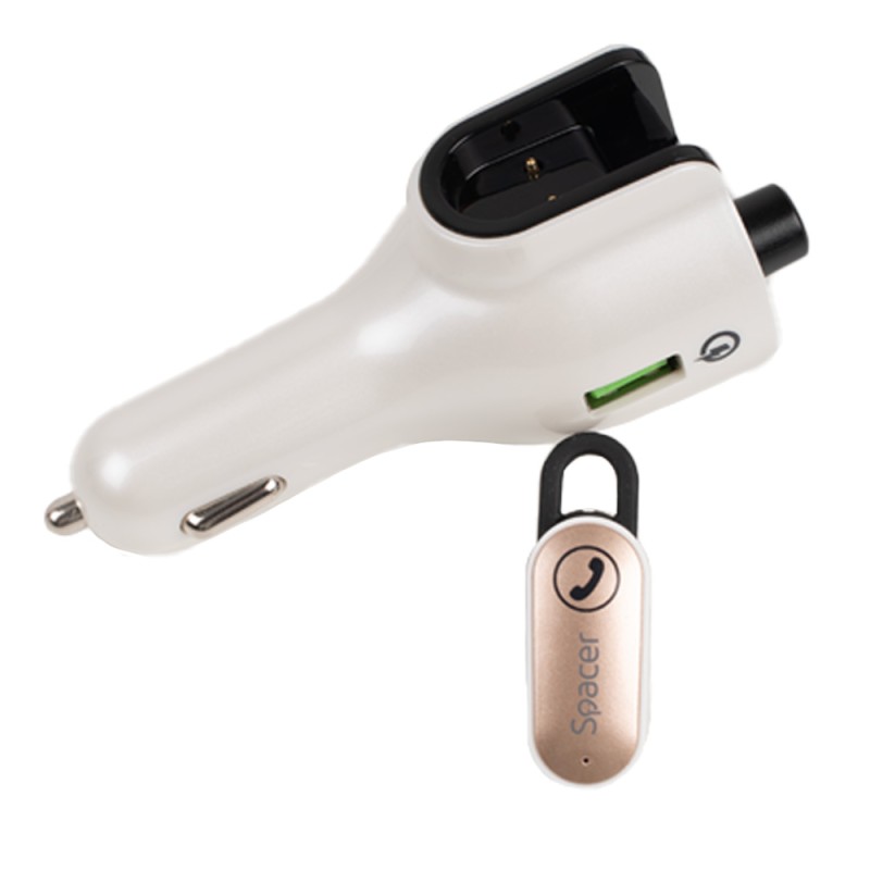 MODULATOR AUTO FM SPACER cu casca Bluetooth 5.0, 1xUSB QC3.0 + Type-C; 1xUSB max. 5V/3.1A, earphone 30mAh, 12V-24V, max. 10-15m, mic max. 0-2m, format MP3/WMA, 206 canale 87.5-108Mhz, USB disk, white, 