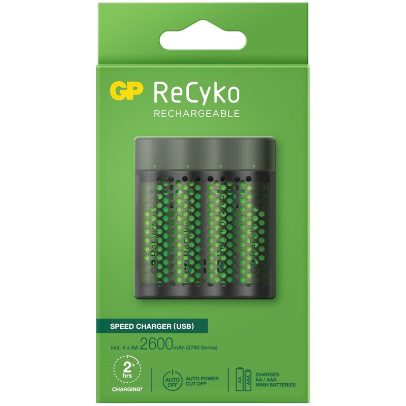 Incarcator GP Batteries, Recyko compatibil NiMH (AA/AAA), include 4 x 2700 mAh AA (R6), incarcare USB, 4 LED-uri indicare incarcare,  