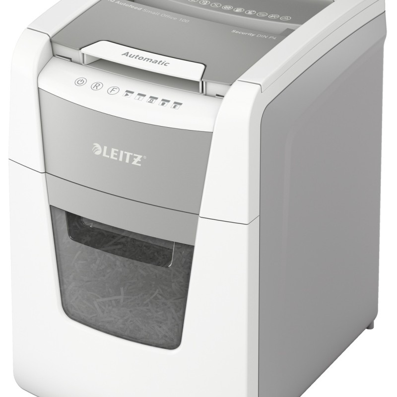 Distrugator automat documente Leitz IQ  Small Office , 100 coli, P4, cross-cut (tip confeti), cos  34 litri, alb-gri, Leitz 