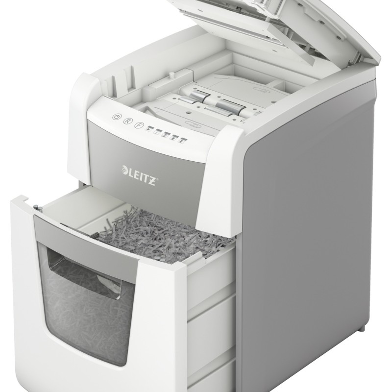 Distrugator automat documente Leitz IQ  Small Office , 100 coli, P4, cross-cut (tip confeti), cos  34 litri, alb-gri, Leitz 