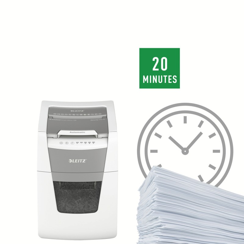Distrugator automat documente Leitz IQ  Small Office , 100 coli, P5, micro-cut (tip particule), cos  34 litri, alb-gri, Leitz 