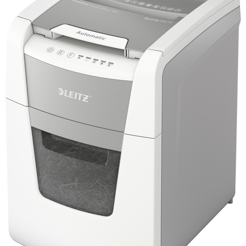 Distrugator automat documente Leitz IQ  Small Office , 100 coli, P5, micro-cut (tip particule), cos  34 litri, alb-gri, Leitz 