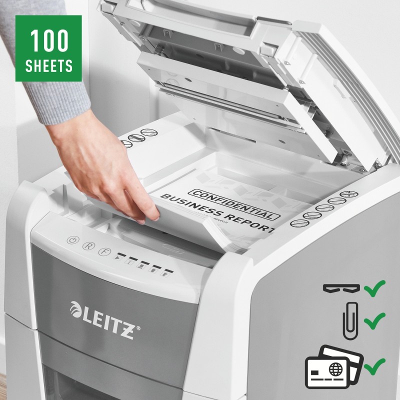 Distrugator automat documente Leitz IQ  Small Office , 100 coli, P5, micro-cut (tip particule), cos  34 litri, alb-gri, Leitz 
