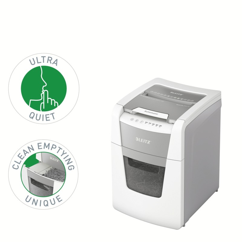Distrugator automat documente Leitz IQ  Small Office , 100 coli, P5, micro-cut (tip particule), cos  34 litri, alb-gri, Leitz 