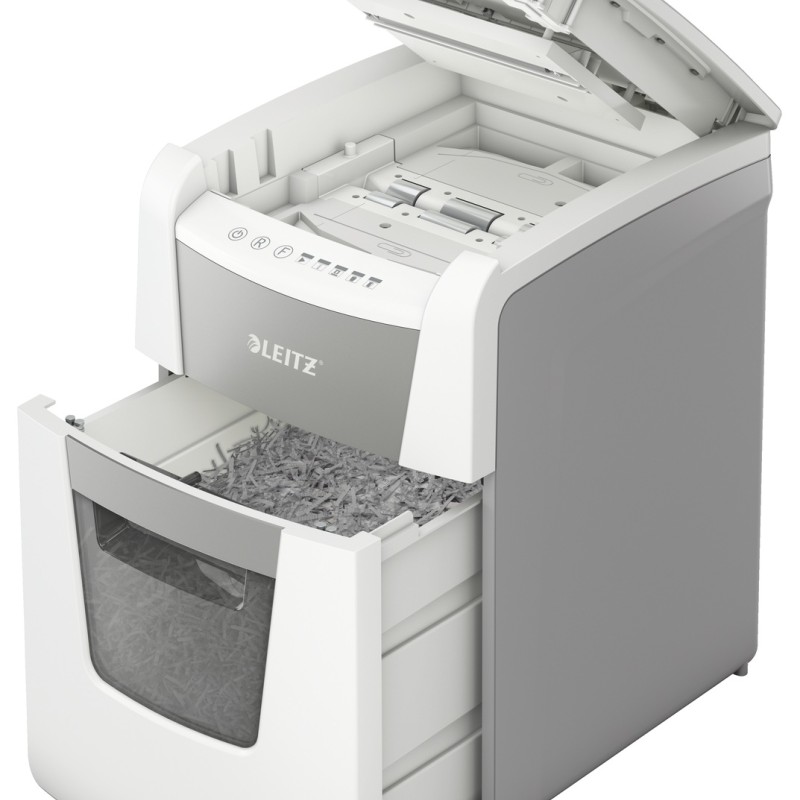 Distrugator automat documente Leitz IQ  Small Office , 100 coli, P5, micro-cut (tip particule), cos  34 litri, alb-gri, Leitz 