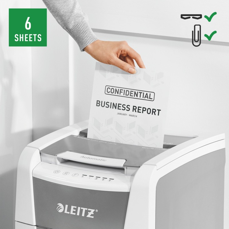 Distrugator automat documente Leitz IQ  Small Office , 100 coli, P5, micro-cut (tip particule), cos  34 litri, alb-gri, Leitz 