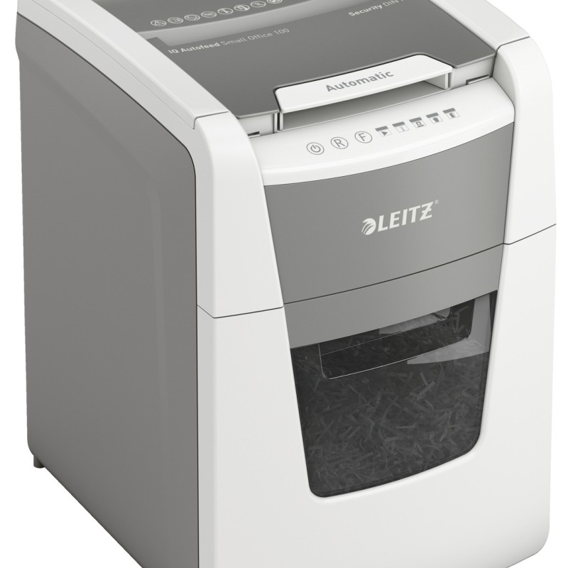Distrugator automat documente Leitz IQ  Small Office , 100 coli, P5, micro-cut (tip particule), cos  34 litri, alb-gri, Leitz 