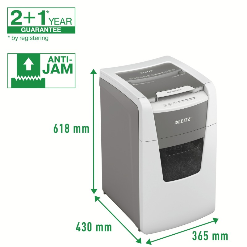 Distrugator automat documente Leitz IQ Office , 150 coli, P4, cross-cut (tip confeti), cos  44 litri, alb-gri, Leitz 