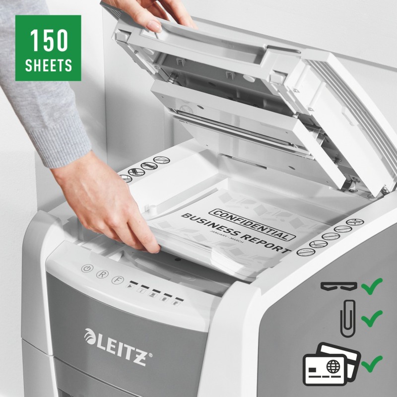 Distrugator automat documente Leitz IQ Office , 150 coli, P4, cross-cut (tip confeti), cos  44 litri, alb-gri, Leitz 
