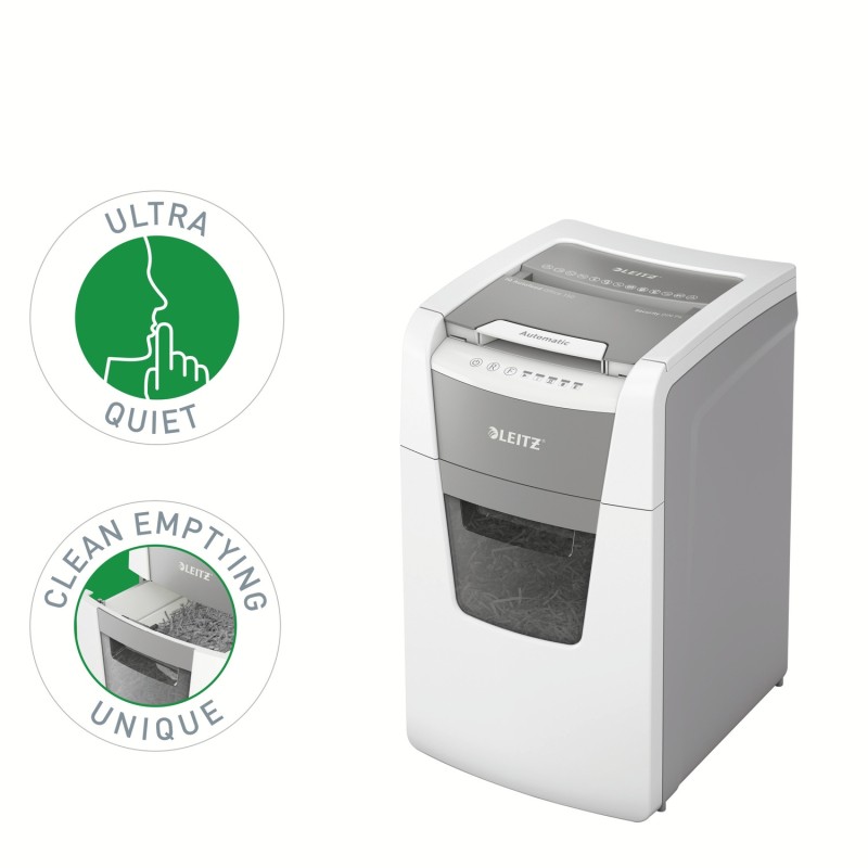 Distrugator automat documente Leitz IQ Office , 150 coli, P4, cross-cut (tip confeti), cos  44 litri, alb-gri, Leitz 