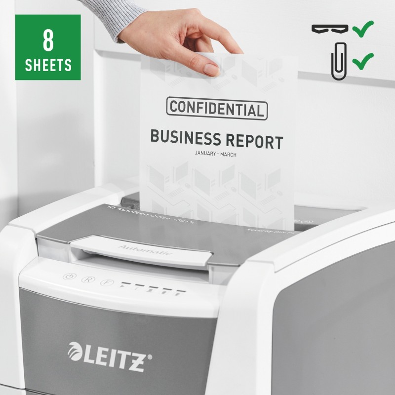 Distrugator automat documente Leitz IQ Office , 150 coli, P4, cross-cut (tip confeti), cos  44 litri, alb-gri, Leitz 