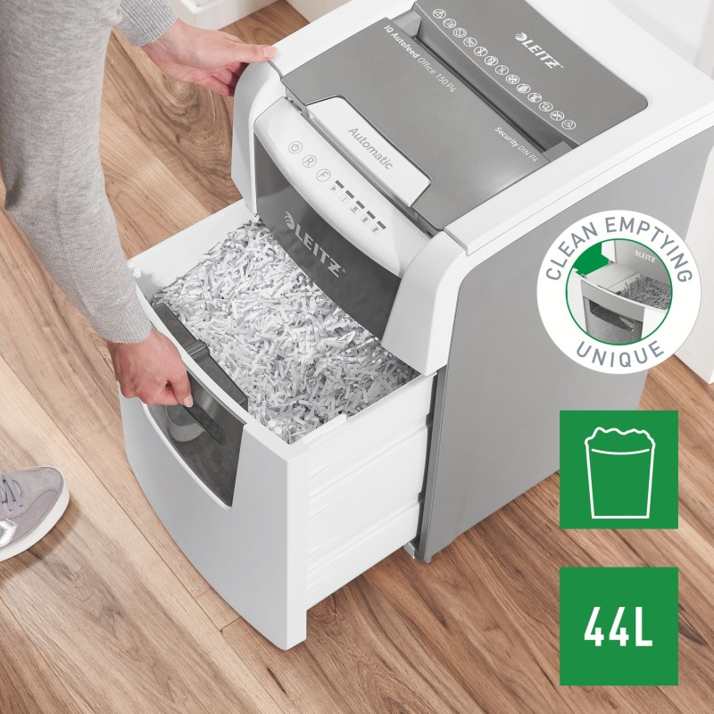 Distrugator automat documente Leitz IQ Office , 150 coli, P4, cross-cut (tip confeti), cos  44 litri, alb-gri, Leitz 