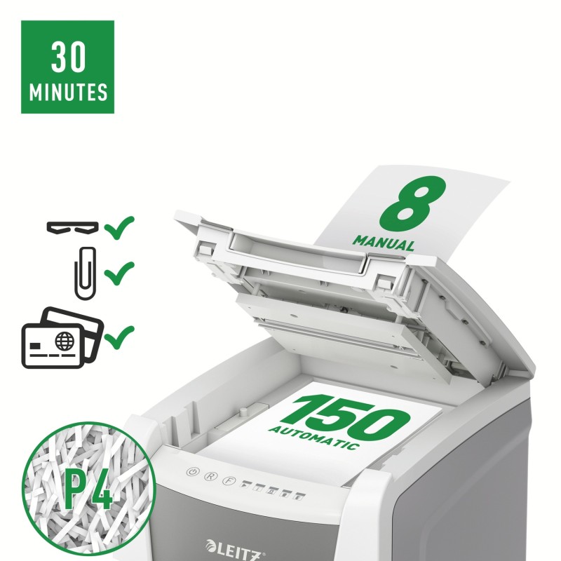 Distrugator automat documente Leitz IQ Office , 150 coli, P4, cross-cut (tip confeti), cos  44 litri, alb-gri, Leitz 