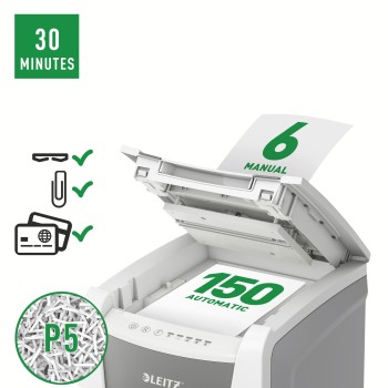 Distrugator automat documente Leitz IQ Office , 150 coli, P5, micro-cut (tip particule), cos  44 litri, alb-gri, Leitz 