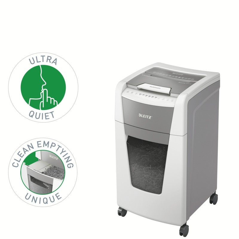 Distrugator automat documente Leitz IQ Office , 300 coli, P4, cross-cut (tip confeti), cos  60 litri, alb-gri, Leitz 