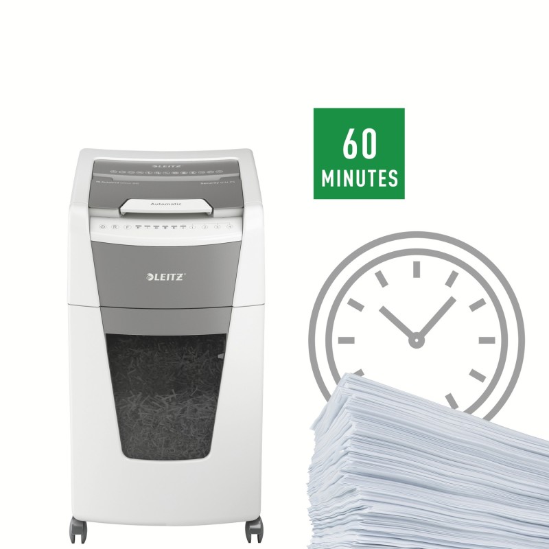 Distrugator automat documente Leitz IQ Office , 300 coli, P4, cross-cut (tip confeti), cos  60 litri, alb-gri, Leitz 