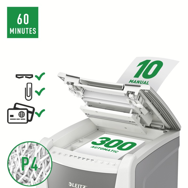 Distrugator automat documente Leitz IQ Office , 300 coli, P4, cross-cut (tip confeti), cos  60 litri, alb-gri, Leitz 
