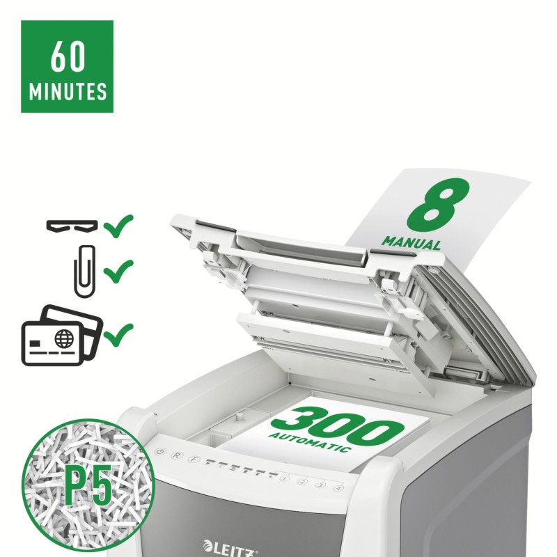 Distrugator automat documente Leitz IQ Office , 300 coli, P5, micro-cut (tip particule), cos  60 litri, alb-gri, Leitz 