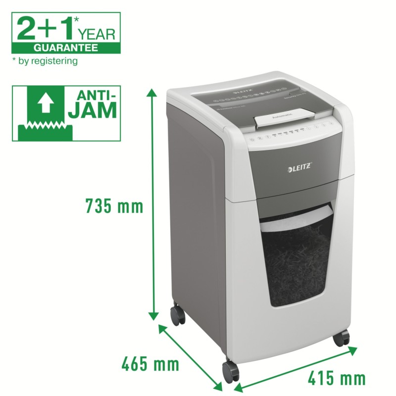 Distrugator automat documente Leitz IQ Office , 300 coli, P5, micro-cut (tip particule), cos  60 litri, alb-gri, Leitz 