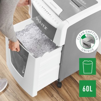 Distrugator automat documente Leitz IQ Office , 300 coli, P5, micro-cut (tip particule), cos  60 litri, alb-gri, Leitz 