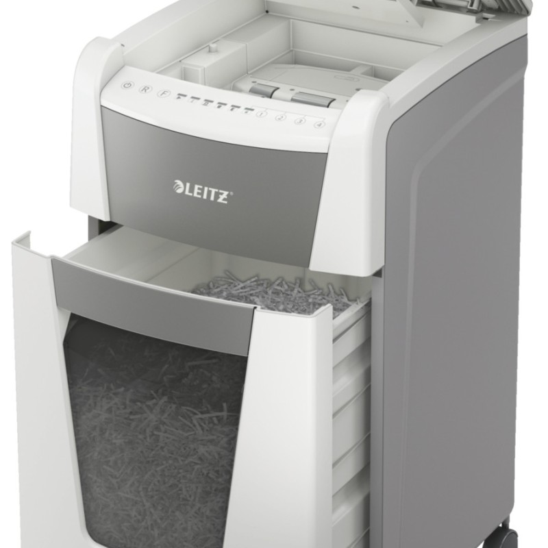 Distrugator automat documente Leitz IQ Office , 300 coli, P5, micro-cut (tip particule), cos  60 litri, alb-gri, Leitz 