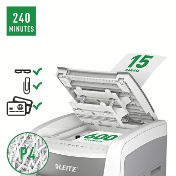 Distrugator automat documente Leitz IQ Office , 600 coli, P4, cross-cut (tip confeti), cos 110 litri, alb-gri, Leitz 