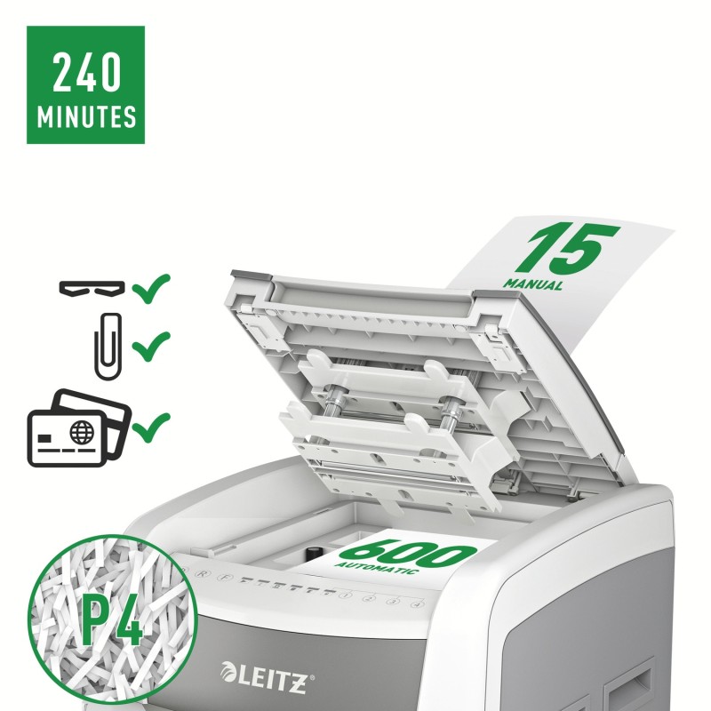 Distrugator automat documente Leitz IQ Office , 600 coli, P4, cross-cut (tip confeti), cos 110 litri, alb-gri, Leitz 
