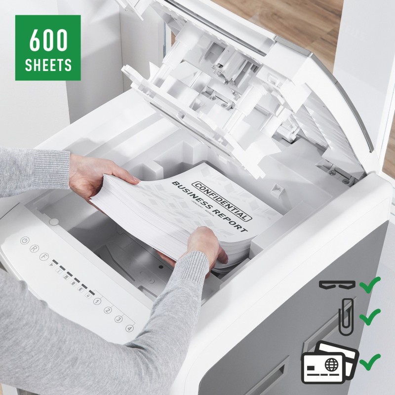 Distrugator automat documente Leitz IQ Office , 600 coli, P4, cross-cut (tip confeti), cos 110 litri, alb-gri, Leitz 