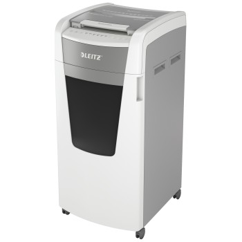 Distrugator automat documente Leitz IQ Office , 600 coli, P5, micro-cut (tip particule), cos 110 litri, alb-gri, Leitz 