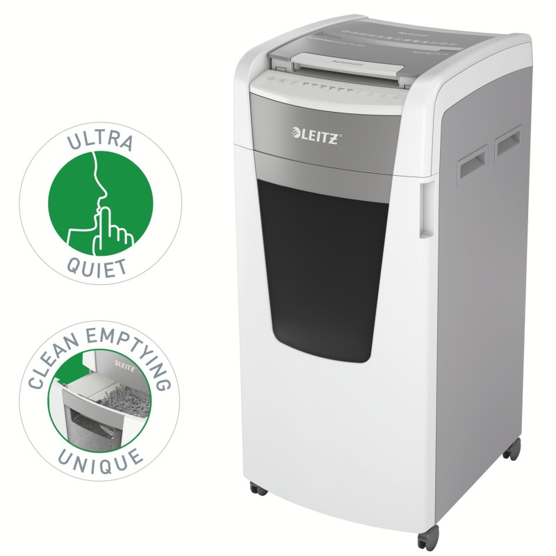 Distrugator automat documente Leitz IQ Office , 600 coli, P5, micro-cut (tip particule), cos 110 litri, alb-gri, Leitz 