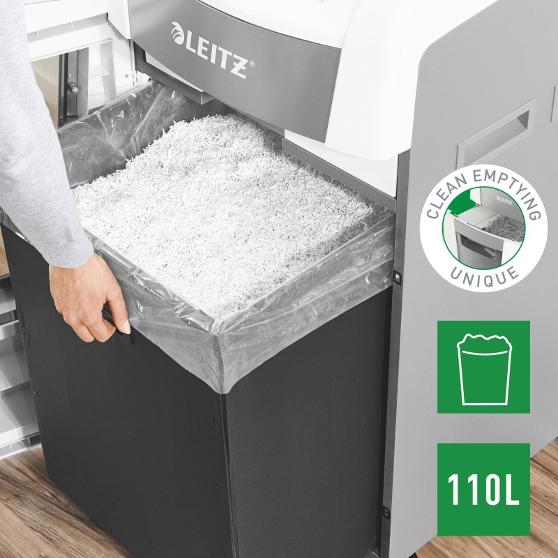 Distrugator automat documente Leitz IQ Office , 600 coli, P5, micro-cut (tip particule), cos 110 litri, alb-gri, Leitz 