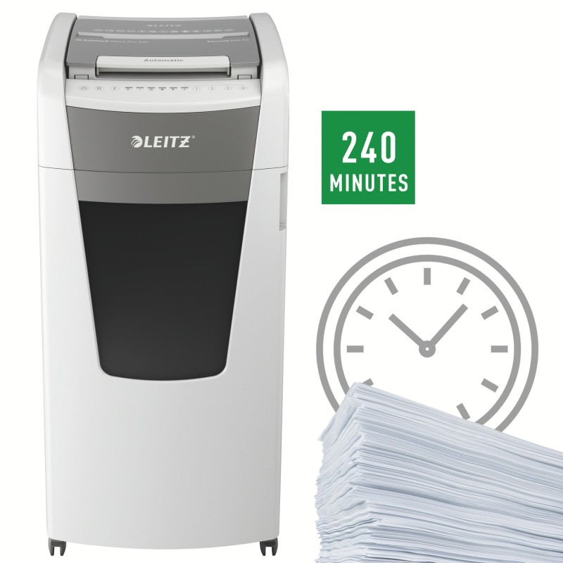 Distrugator automat documente Leitz IQ Office , 600 coli, P5, micro-cut (tip particule), cos 110 litri, alb-gri, Leitz 