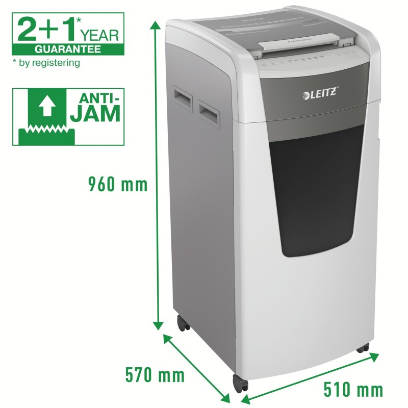 Distrugator automat documente Leitz IQ Office , 600 coli, P5, micro-cut (tip particule), cos 110 litri, alb-gri, Leitz 
